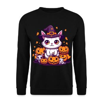 Mignon chat d’Halloween et citrouilles - Sweat-shirt Unisexe - noir - Devant - Alina (178cm) & Michal (187cm)