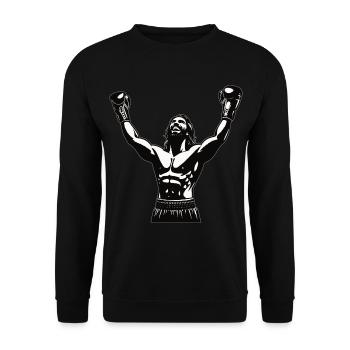 Boxer mit Siegerpose - cooles Boxing Design - Unisex Pullover - Schwarz - Vorne - Alina (178cm) & Michal (187cm)