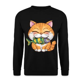 Niedliche Katze mit Fisch für Katzenbesitzer - Unisex Pullover - Schwarz - Vorne - Alina (178cm) & Michal (187cm)