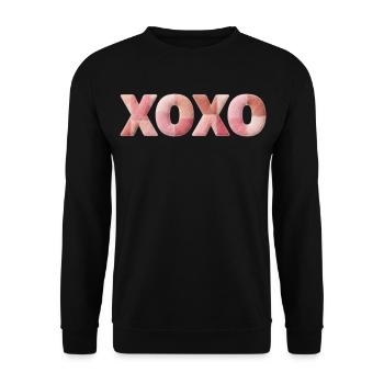 XOXO Patchwork Spruch Kuss Umarmung - Unisex Pullover - Schwarz - Vorne - Alina (178cm) & Michal (187cm)