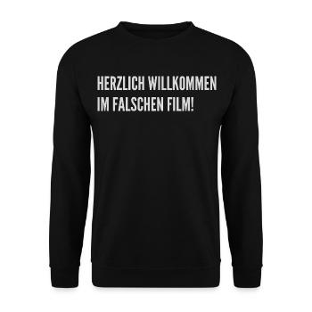 Willkommen im falschen Film - Lustiger Spruch - Unisex Pullover - Schwarz - Vorne - Alina (178cm) & Michal (187cm)