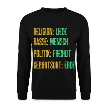 Religion Liebe Rasse Mensch Politik Freiheit - Unisex Pullover - Schwarz - Vorne - Alina (178cm) & Michal (187cm)