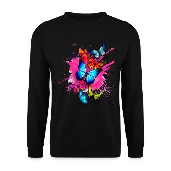 Schmetterling Butterfly Splash Bunt Farben Pink - Unisex Pullover - Schwarz - Vorne - Alina (178cm) & Michal (187cm)