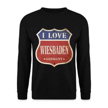 Wiesbaden Deutschland I Love Vintage Retro Schild - Unisex Pullover - Schwarz - Vorne - Alina (178cm) & Michal (187cm)
