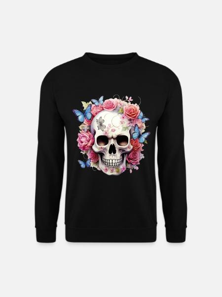 Totenkopf Totenschädel Rosen Blumen Schmetterlinge - Unisex Pullover - Schwarz