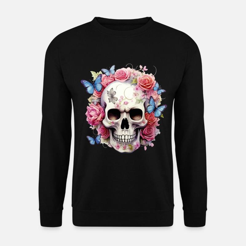 Totenkopf Totenschädel Rosen Blumen Schmetterlinge - Unisex Pullover - Schwarz