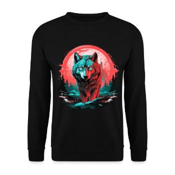 Wolf Nacht Mond Neon Wolfskopf Wald Natur Berge - Unisex Pullover - Schwarz - Vorne - Alina (178cm) & Michal (187cm)
