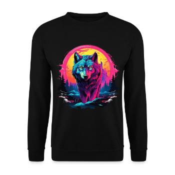 Wolf Nacht Mond Neon Wolfskopf Wald Natur Berge - Unisex Pullover - Schwarz - Vorne - Alina (178cm) & Michal (187cm)