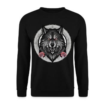 Grimmiger Wolf mit Rosen - Unisex Pullover - Schwarz - Vorne - Alina (178cm) & Michal (187cm)