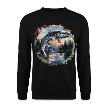 Jumping Fish – Angler Motif – Dynamic Catch - Unisex Sweatshirt - black - Front - Alina (178cm) & Michal (187cm)