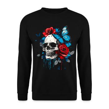 Totenkopf Totenschädel Schmetterling Rose Blume - Unisex Pullover - Schwarz - Vorne - Alina (178cm) & Michal (187cm)