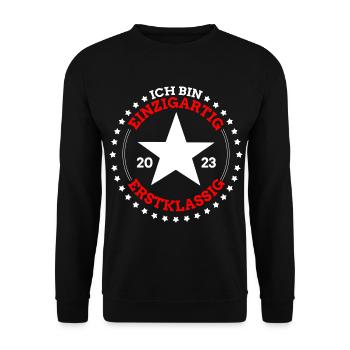 Schulkind 2023 Erstklassig Ich Bin Einzigartig - Unisex Pullover - Schwarz - Vorne - Alina (178cm) & Michal (187cm)