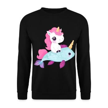 Einhorn reitet auf Fisch - Unisex Pullover - Schwarz - Vorne - Alina (178cm) & Michal (187cm)