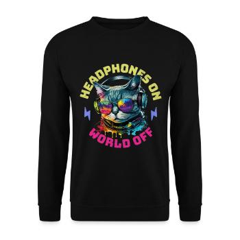 Katze Kopfhörer Musik Headphones On World Off - Unisex Pullover - Schwarz - Vorne - Alina (178cm) & Michal (187cm)