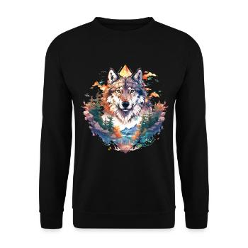 Wolf Wolfskopf Natur Wildnis Wald Bäume Kunst - Unisex Pullover - Schwarz - Vorne - Alina (178cm) & Michal (187cm)