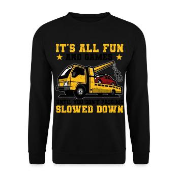 Abschleppwagen | Abschlepper Auto Panne Geschenke - Unisex Pullover - Schwarz - Vorne - Alina (178cm) & Michal (187cm)