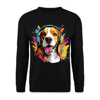 Bunter Beagle mit Kopfhörer Farbspritzer - Unisex Pullover - Schwarz - Vorne - Alina (178cm) & Michal (187cm)