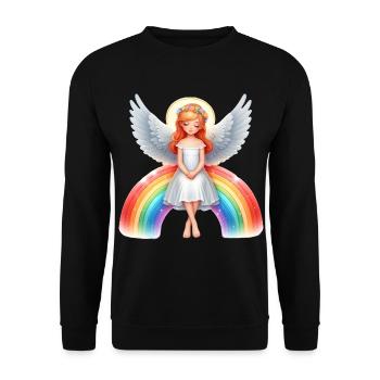 Engel sitzt auf Regenbogen - Unisex Pullover - Schwarz - Vorne - Alina (178cm) & Michal (187cm)