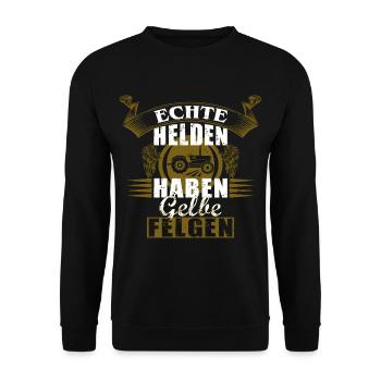 Echte Helden haben gelbe Felgen T-Shirt Geschenk - Unisex Pullover - Schwarz - Vorne - Alina (178cm) & Michal (187cm)
