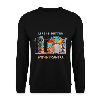 Life is better with my Camera - Unisex Pullover - Schwarz - Vorne - Alina (178cm) & Michal (187cm)