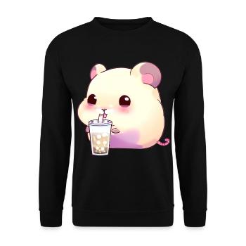 Kawaii Hamster mit Bubble Tea - Unisex Pullover - Schwarz - Vorne - Alina (178cm) & Michal (187cm)