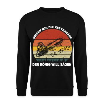 Waldarbeiter Baumfäller reicht mir die Kettensäge - Unisex Pullover - Schwarz - Vorne - Alina (178cm) & Michal (187cm)