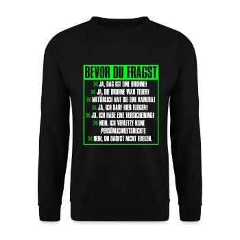 Drohnen FAQ Drohnen Fragen Bevor du Fragst Drone - Unisex Pullover - Schwarz - Vorne - Alina (178cm) & Michal (187cm)