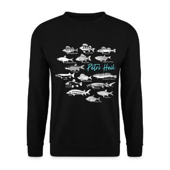 Angler design with various fish species Petri Heil - Unisex Sweatshirt - black - Front - Alina (178cm) & Michal (187cm)