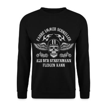 Fahre Immer Schneller Als Der Sensenmann - Unisex Pullover - Schwarz - Vorne - Alina (178cm) & Michal (187cm)