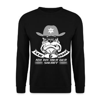 Old english Bulldog ich bin hier der Sheriff - Unisex Pullover - Schwarz - Vorne - Alina (178cm) & Michal (187cm)