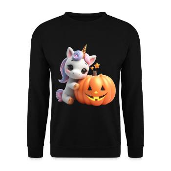 süßes Einhorn lehnt auf Kürbis halloween - Unisex Pullover - Schwarz - Vorne - Alina (178cm) & Michal (187cm)