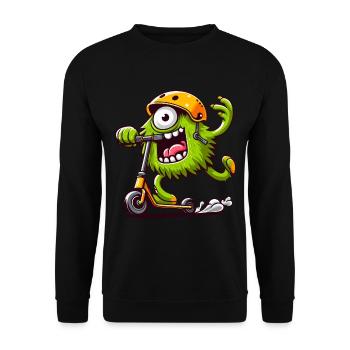 niedliches lustiges Monster auf Escooter - Unisex Pullover - Schwarz - Vorne - Alina (178cm) & Michal (187cm)