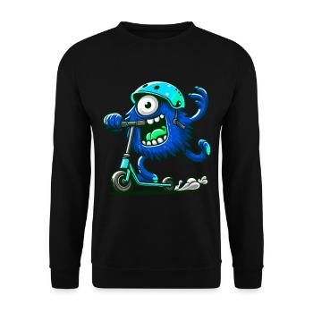 niedliches lustiges blaues Monster auf Escooter - Unisex Pullover - Schwarz - Vorne - Alina (178cm) & Michal (187cm)