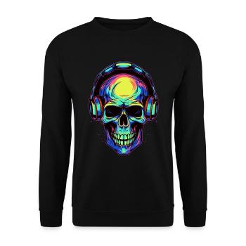 Bunter abstrakter Totenkopf mit Kopfhörer - Unisex Pullover - Schwarz - Vorne - Alina (178cm) & Michal (187cm)
