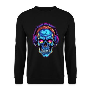 Bunter abstrakter Totenkopf mit Kopfhörer - Unisex Pullover - Schwarz - Vorne - Alina (178cm) & Michal (187cm)