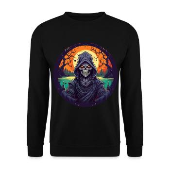 Gruseliges Halloween-partykostüm Sensenmann - Unisex Pullover - Schwarz - Vorne - Alina (178cm) & Michal (187cm)