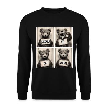 Teddybär – Kuscheln ist die Magie - Unisex Pullover - Schwarz - Vorne - Alina (178cm) & Michal (187cm)