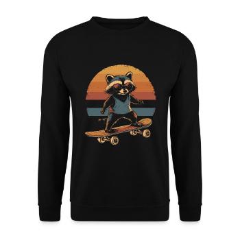 Waschbär auf Skateboard vintage - Unisex Pullover - Schwarz - Vorne - Alina (178cm) & Michal (187cm)