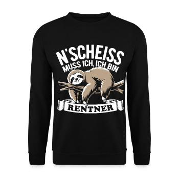 N' Scheiss muss ich, ich bin Rentner - Faultier - Unisex Pullover - Schwarz - Vorne - Alina (178cm) & Michal (187cm)