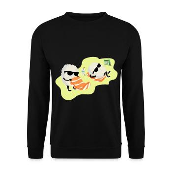 Sushi Lachs Reis Sonnenbaden Geschenkidee - Unisex Pullover - Schwarz - Vorne - Alina (178cm) & Michal (187cm)