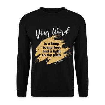 Bible verse | Psaume 119 | Votre word is a lamp Gold - Sweat-shirt Unisexe - noir - Devant - Alina (178cm) & Michal (187cm)