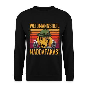 Weidmannsheil Maddafakas! Dackel Jäger Vintage fun - Unisex Pullover - Schwarz - Vorne - Alina (178cm) & Michal (187cm)