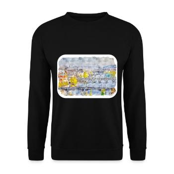 Prag Tschechien Aquarell Skizze Zeichnung - Unisex Pullover - Schwarz - Vorne - Alina (178cm) & Michal (187cm)