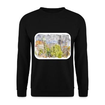 Prag Tschechische Aquarellskizze Malerei Zeichnung - Unisex Pullover - Schwarz - Vorne - Alina (178cm) & Michal (187cm)