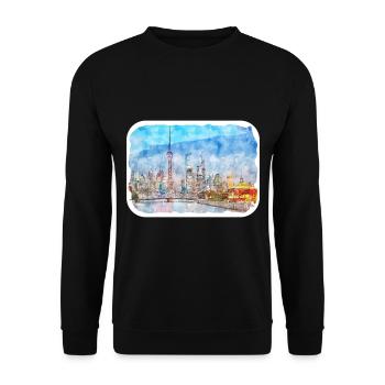 Shanghai Chine Aquarelle Esquisse Dessin Dessiné - Sweat-shirt Unisexe - noir - Devant - Alina (178cm) & Michal (187cm)