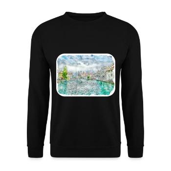 Luzern Schweiz Aquarellskizze gezeichnet Illust - Unisex Pullover - Schwarz - Vorne - Alina (178cm) & Michal (187cm)