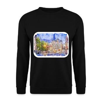 Prag Tschechien Aquarell Skizze Zeichnung - Unisex Pullover - Schwarz - Vorne - Alina (178cm) & Michal (187cm)
