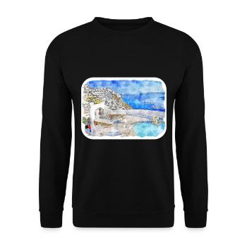 Santorin Grèce Aquarelle Sketch Illustration - Sweat-shirt Unisexe - noir - Devant - Alina (178cm) & Michal (187cm)