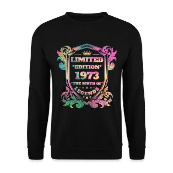 1973 Geburtstag Jahrgang Vintage Regenbogenfarben - Unisex Pullover - Schwarz - Vorne - Alina (178cm) & Michal (187cm)