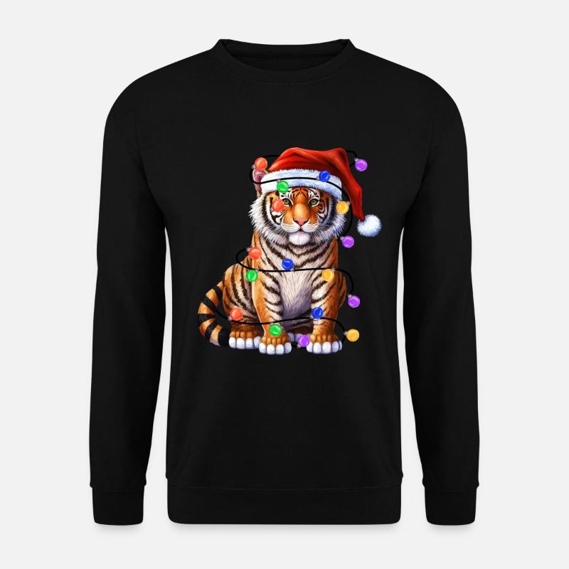 Tiger mit Weihnachtmütze und Lichter - Unisex Pullover - Schwarz